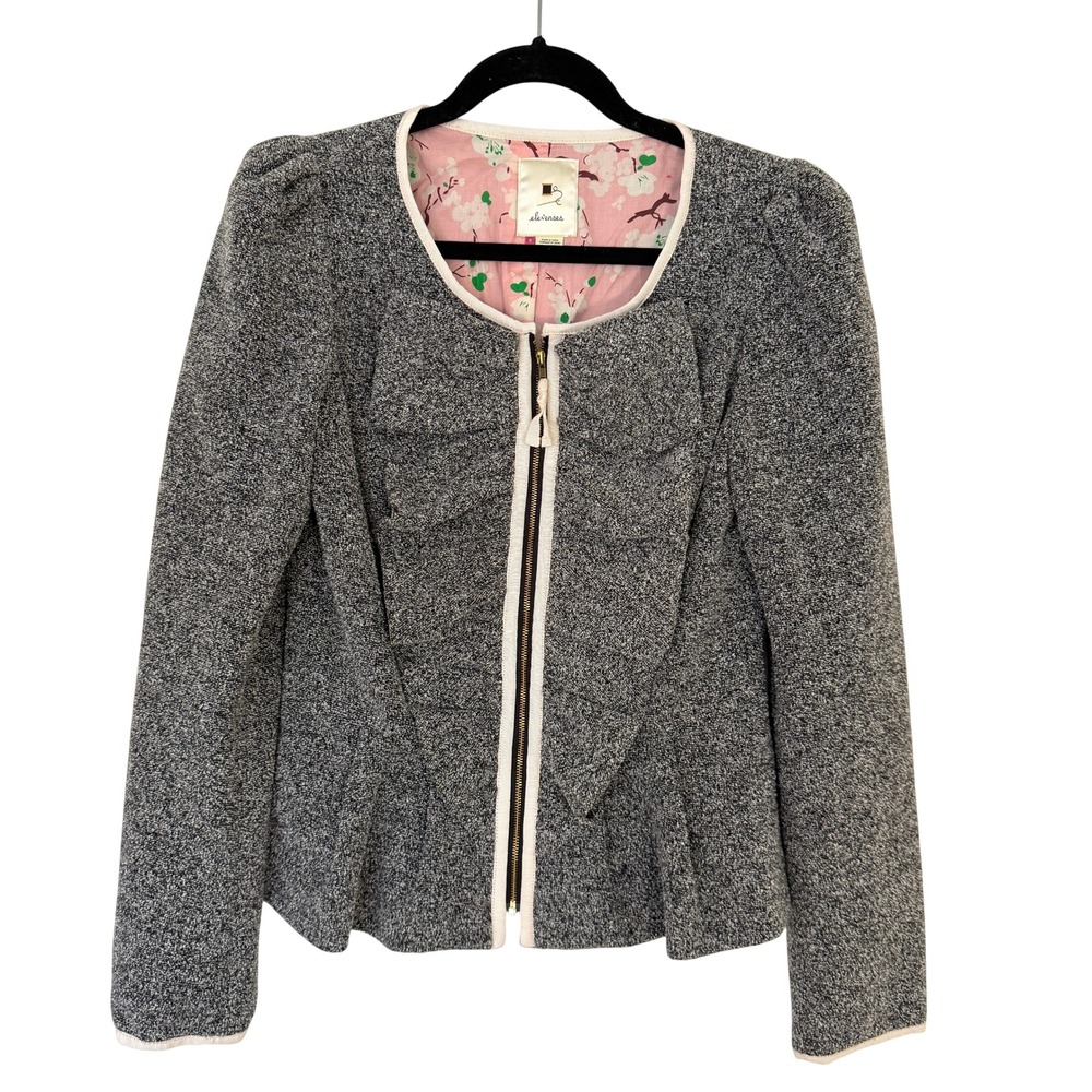 Anthropologie Elevenses Grey Tweed Peplum Zip Jacket Pink Floral Lining Size 6